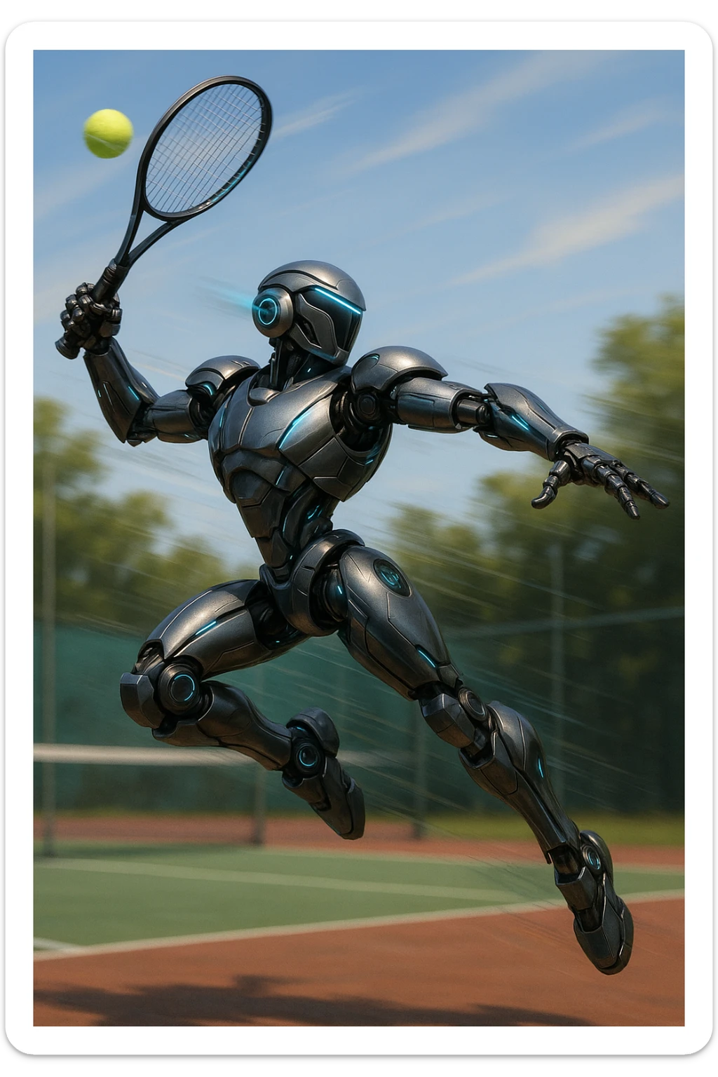tennis robot in action, leaping to hit a ball, sleek design, glowing accents sticker