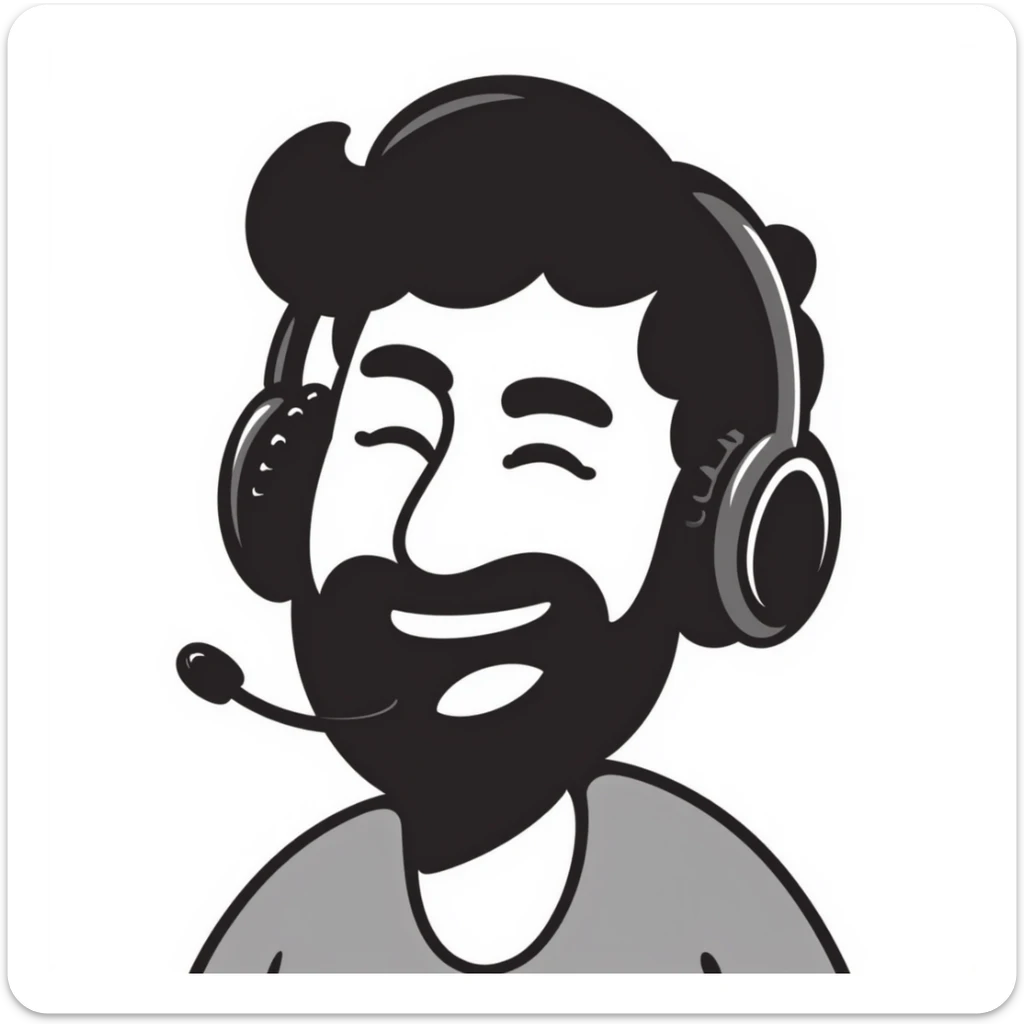 anime style laughing man with black hair, brown eyes, black beard wearing gaming headset sticker