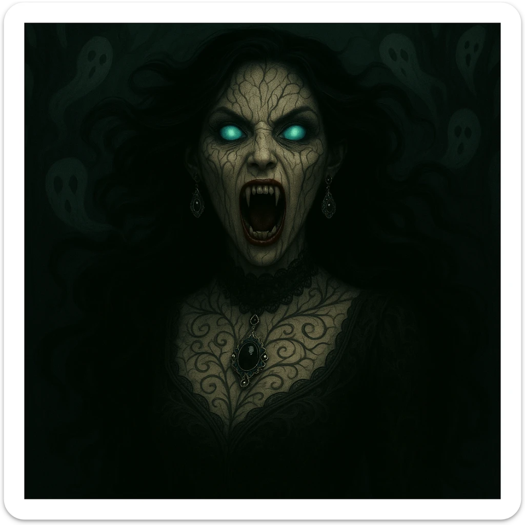 Add ornate gothic jewelry including a black lace choker, silver pendant, and dark gemstone earrings while keeping the horror and supernatural features intact. sticker