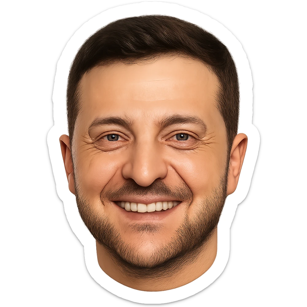 photorealistic emoji style portrait of Vladimir Zelensky smiling, no background sticker