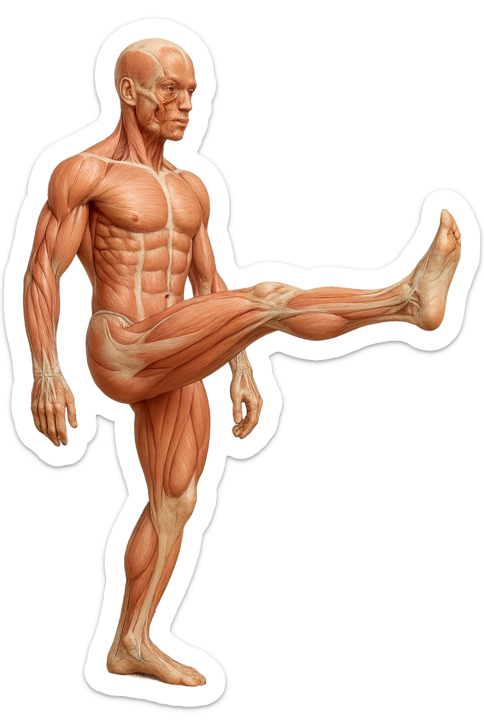 CORPO UMANO ANATOMICO REALISTICO CHE FA UN ESERCIZIO DI MOBILITà ARTICOLARE ALLE GAMBE, IPERREALISTICO 4K sticker