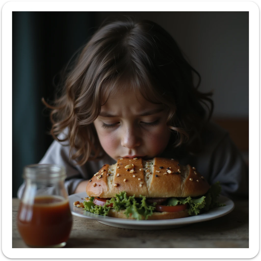 donna triste che mangia insalata, espressione triste, iperrealismo 4K, variazione 4 sticker