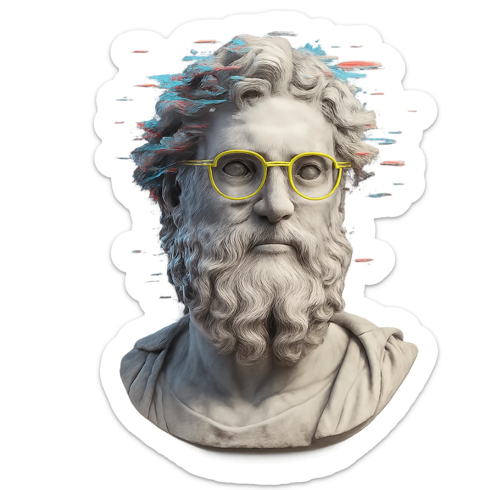 highly detailed Greek marble bust with curly hair and beard, wearing neon yellow round glasses, digital glitch effects around the head, cyberpunk futuristic vibe, centered composition, ultra-detailed, high resolution, soft shadows only, clean edges, transparent background sticker
