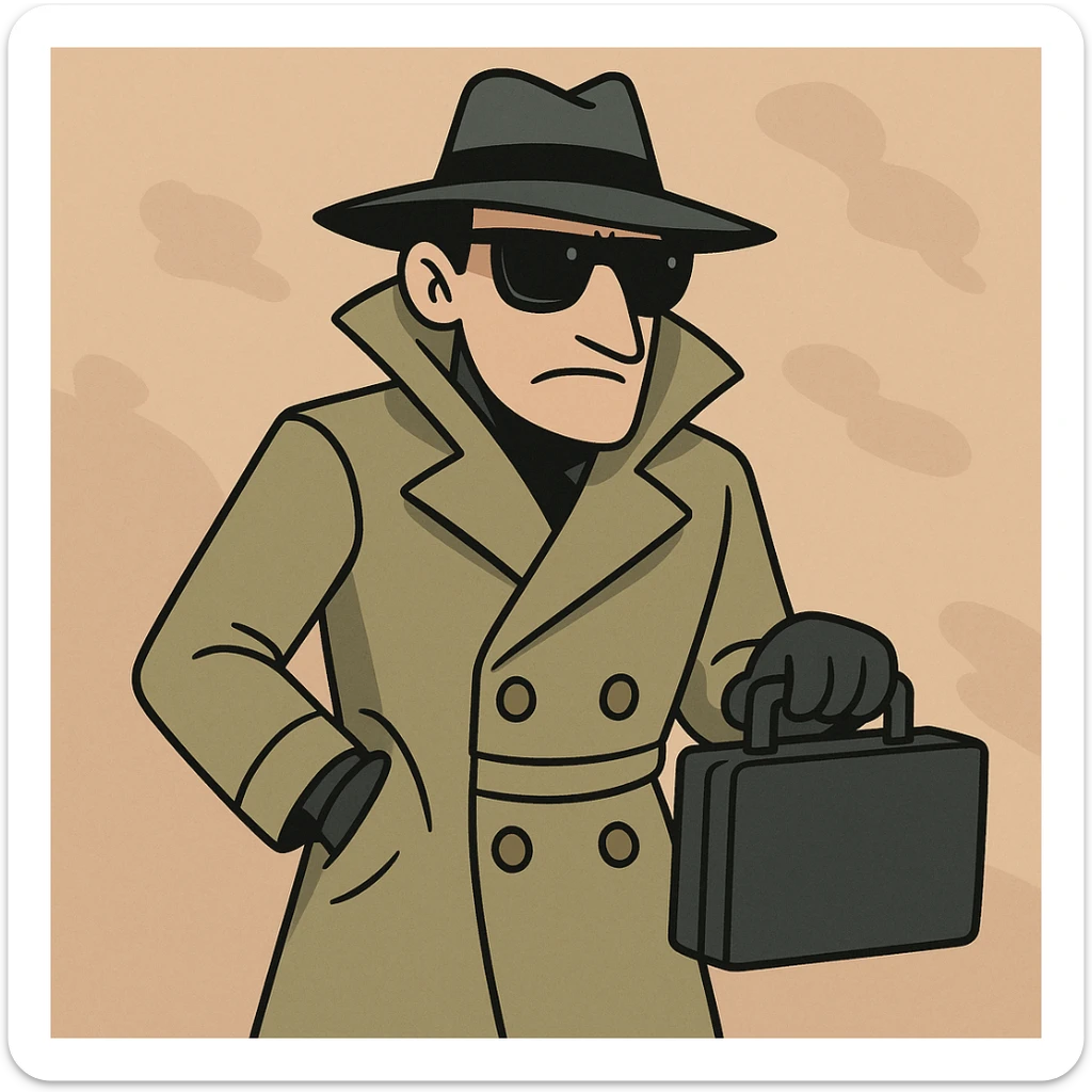 spy character, mysterious, wearing sunglasses and a trench coat, cartoon style sticker