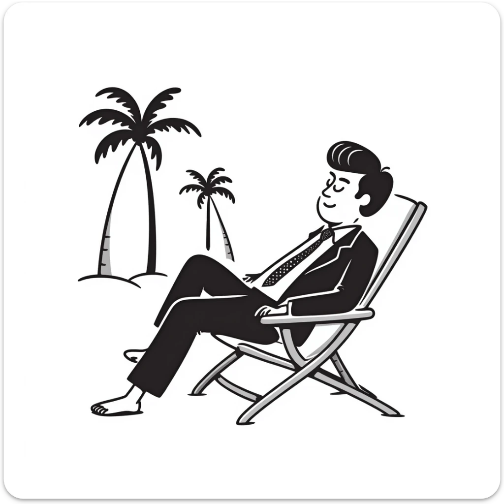 hand-drawn blonde man in business suit sitting on beach chair with palm trees, on vacation sticker
