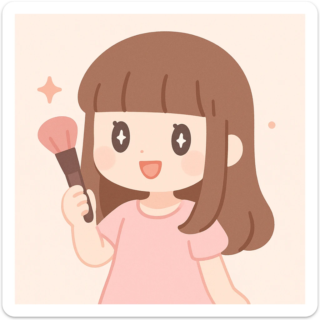brown-haired girl with hime hairstyle, light pink dress, holding makeup brush, playful expression sticker