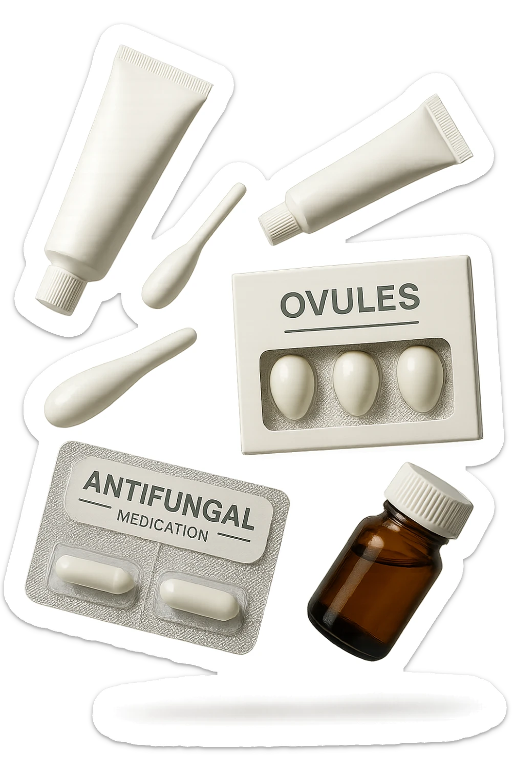 boccette di farmaci fluttuano in aria: creme, ovuli o antimicotici, IPERREALISTICO 4K sticker