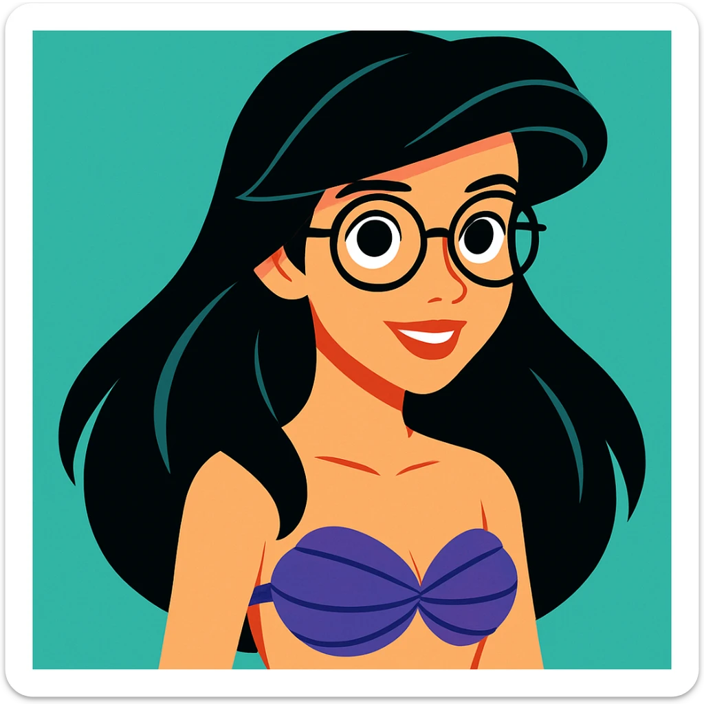 Upper body of Ariel, the Little Mermaid, with black hair and thin round Miu Miu glasses sticker