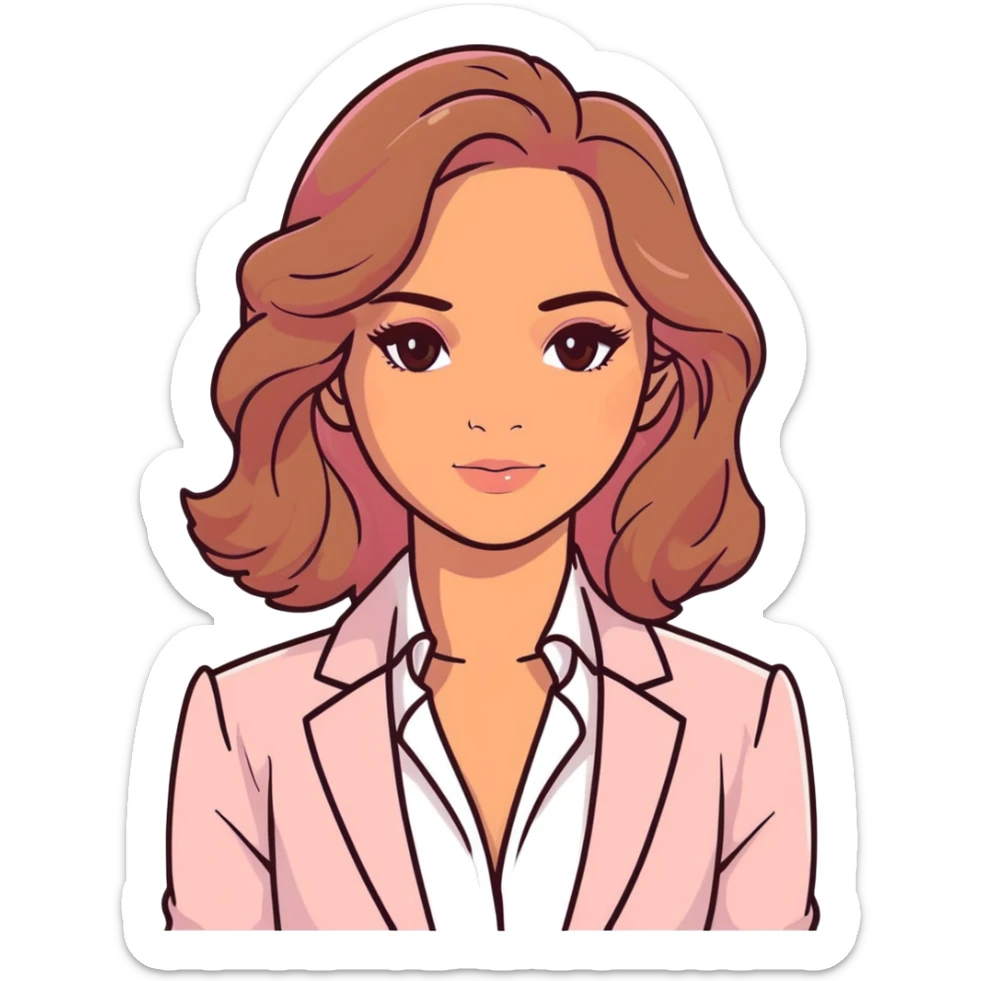 A 30-year-old woman with tanned skin, light brown long wavy hair, delicate face, almond-shaped eyes with smoky foxy eye makeup, brown eyes, wearing a light pink blazer and white satin cowl neck blouse with thin straps sticker