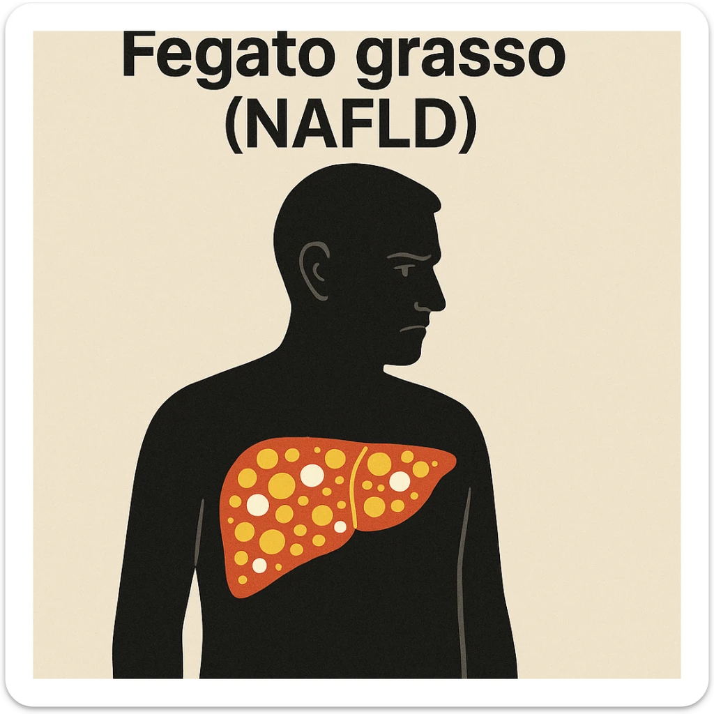 symbolic scene with silhouette of a person showing liver highlighted in transparency with yellow and white areas indicating fat, serious expression, neutral background, Italian text 'Fegato grasso (NAFLD)', 4K quality sticker