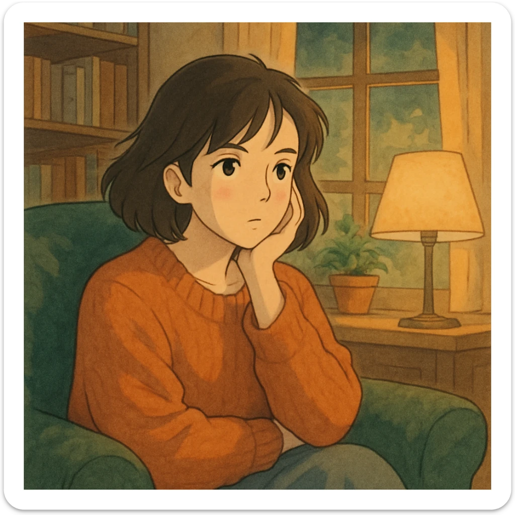 ghibli style illustration of a woman with thoughtful expression, cozy at home, soft lighting, main character energy sticker