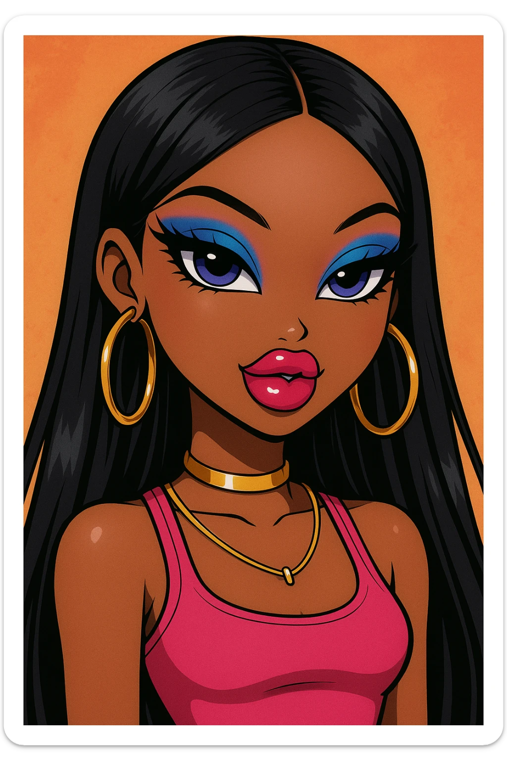 Create a headshot only of a 20-year-old anime Bratz style woman with dark skin, straight hair, and trendy fashion. The style should be in the GPT Image style, focusing on detailed and vibrant anime aesthetics with a modern fashionable look. sticker