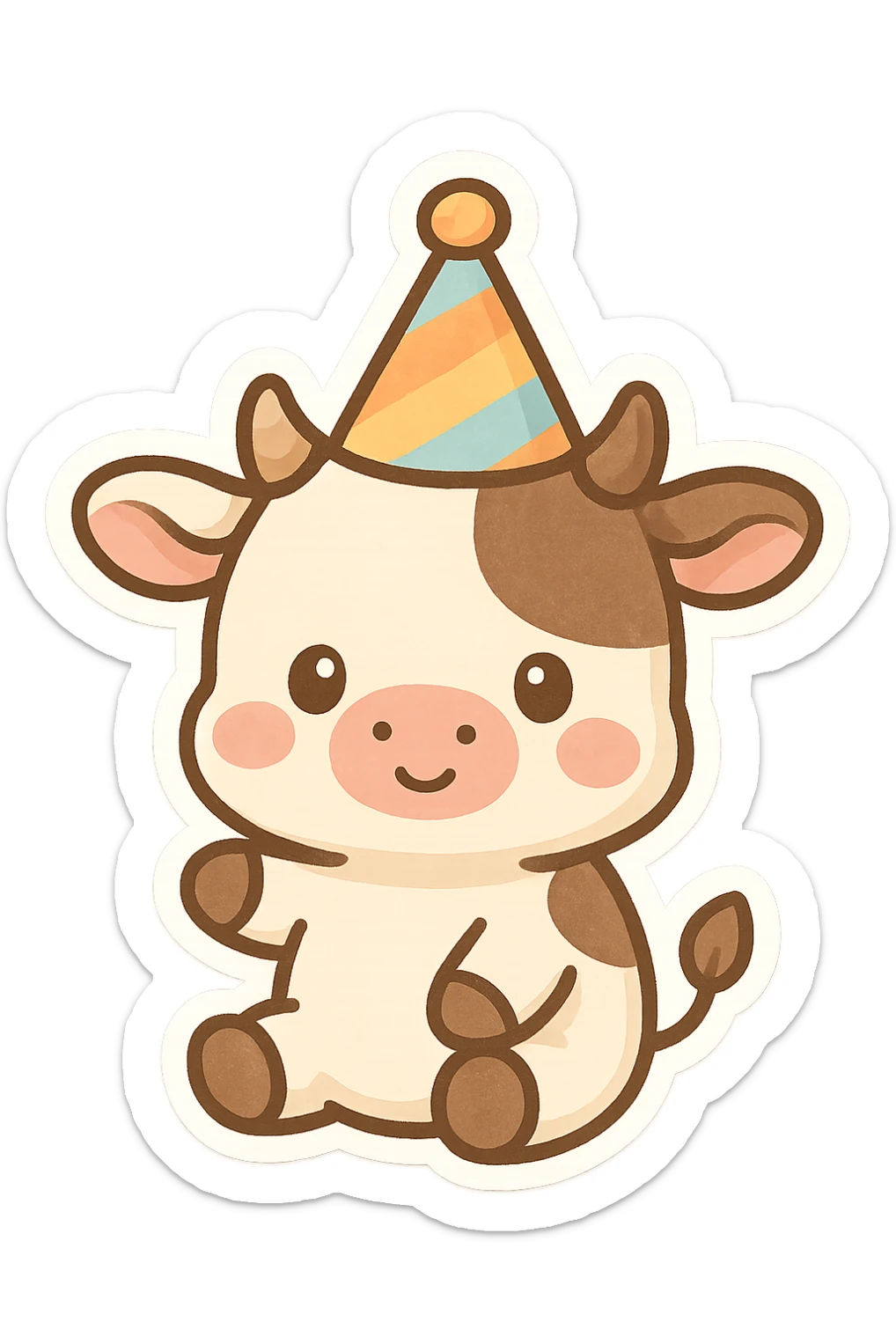 a simple and cute cow wearing a birthday hat sticker