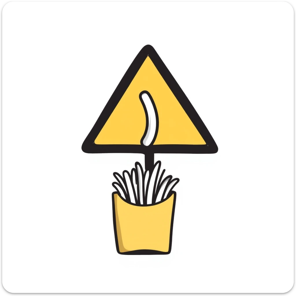 yellow warning road sign, a single french fry being dropped into a bag containing a few other fries, hand drawn doodle style sticker