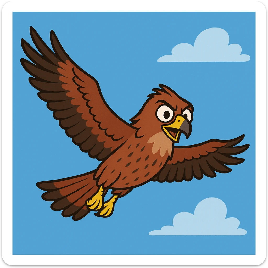 cartoon-style milan bird of prey gliding in the sky, wings outstretched, expressive face, simple blue background sticker
