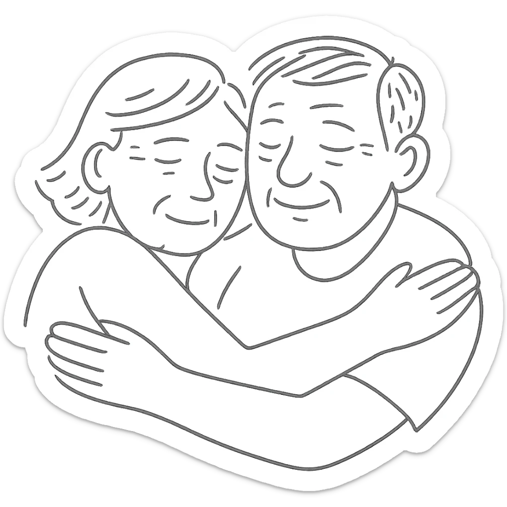 Make the couple look older with gray hair and subtle wrinkles, preserving the minimalistic hand drawn style and transparent background. sticker
