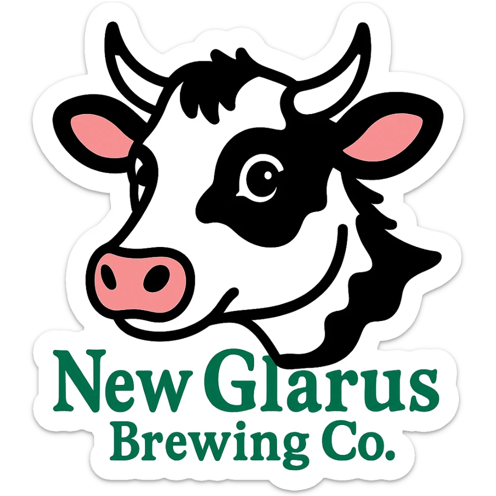 Change the cow on the close-up New Glarus Spotted Cow beer label to black and white, keep the green background and 'New Glarus Brewing Co.' text, no background. sticker