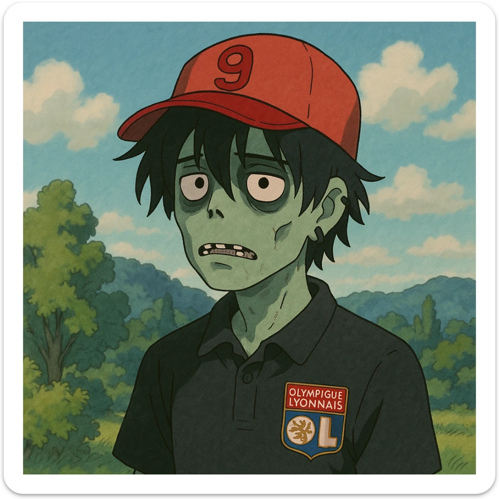 zombie boy, black emo hair, piercing, black polo shirt with Lyon logo, red cap with '9', ghibli-inspired style sticker