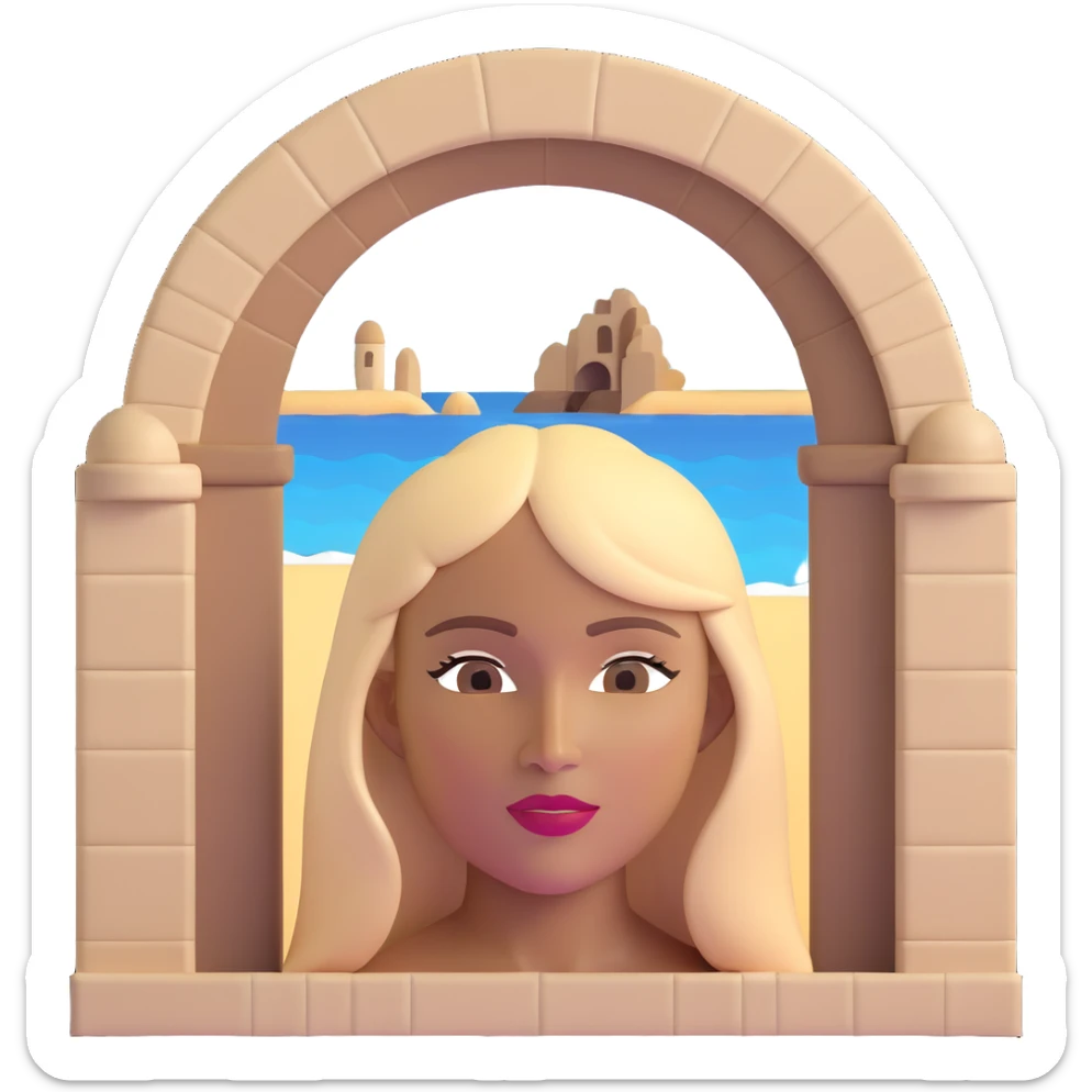 close-up of a woman's face with darker blonde straight hair, light brown skin, with the three iconic arches of Atalaia Beach (Aracaju-SE) prominently displayed very close in the background, middle arch taller with round tops, made of tiles sticker