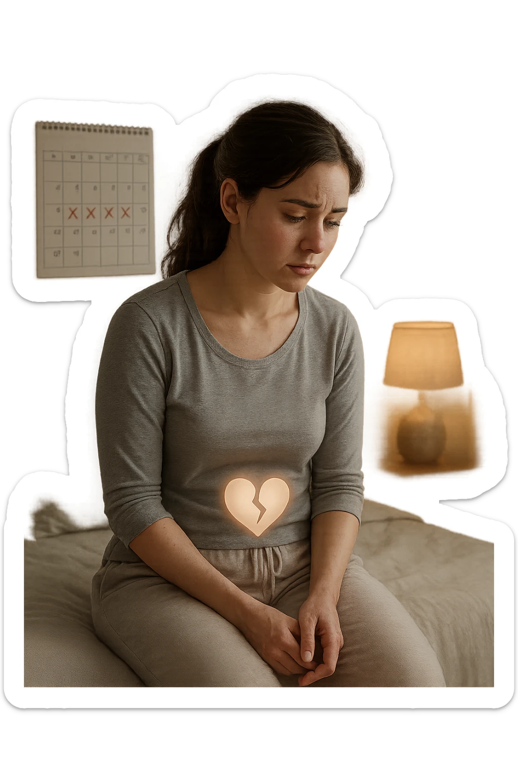 3D realistic medical illustration: a young woman in her 20s or 30s sits on the edge of a bed in a softly lit bedroom, looking thoughtful and slightly concerned. She wears comfortable loungewear, her posture is slouched, and her expression is subdued. Subtle visual cues—such as a faded calendar with missed menstrual cycles and a dimmed heart or energy icon near her abdomen—symbolize low libido and amenorrhea. The scene is realistic, intimate, and empathetic. sticker