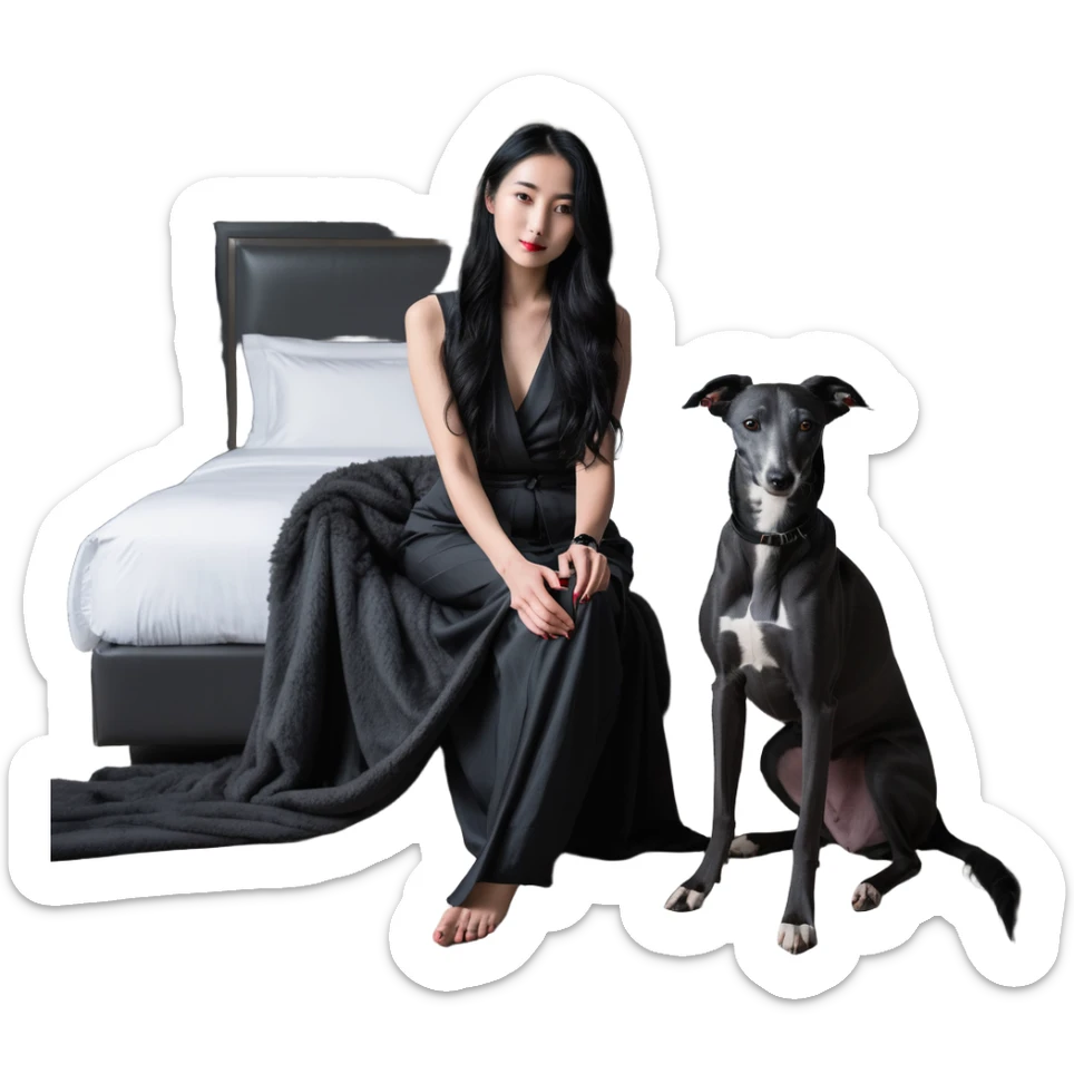 Very thin Chinese woman with long black hair relaxing in a luxurious hotel suite with exactly ONE whippet dog. EXTREME IMPORTANCE: the whippet must be ONE SOLID VERY DARK CHARCOAL GREY COLOR from nose to tail with ABSOLUTELY NO WHITE MARKINGS anywhere - NO white on face, NO white on muzzle, NO white on chest, NO white on paws, NO white on tail - NOTHING BUT A SINGLE SHADE OF VERY DARK GREY throughout the entire animal sticker