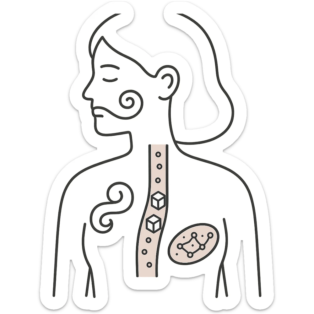 minimalist medical art of a female silhouette with abstract PCOS symptoms inside including swirling facial hair, sugar cubes in blood vessels, constellation-like polycystic ovaries, soft pastel palette sticker