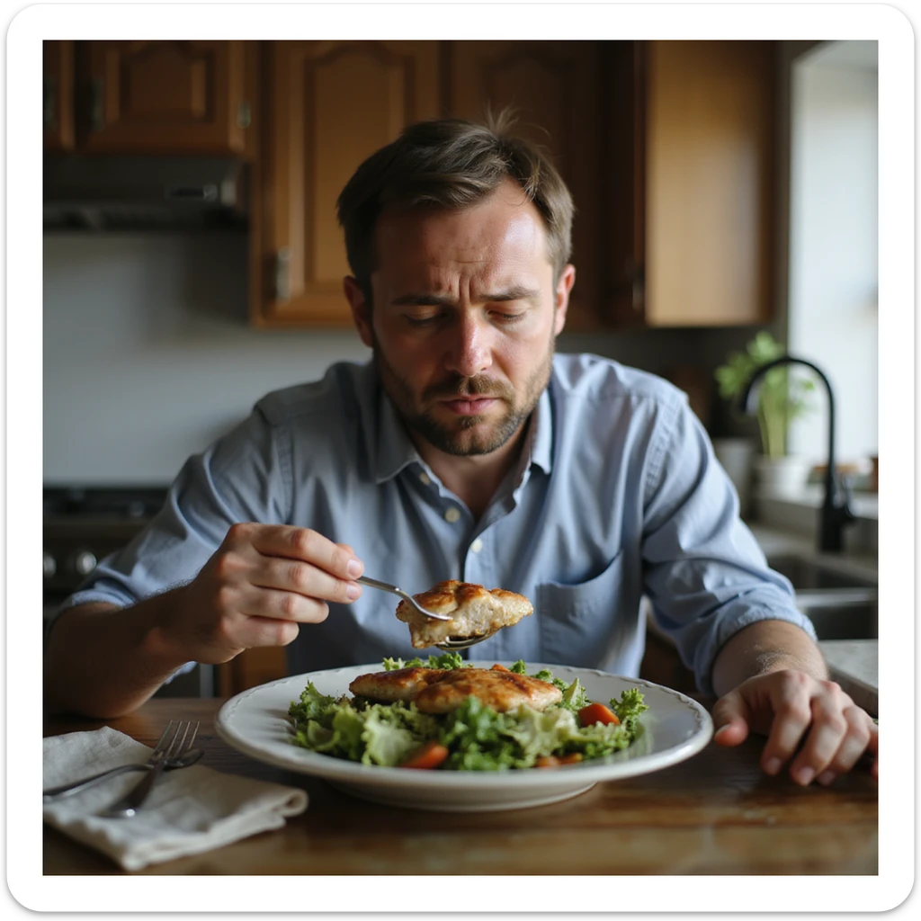 man eating only salad and chicken breast looking at the scale with a disheartened expression, kitchen environment, hyperrealistic details, 4K sticker