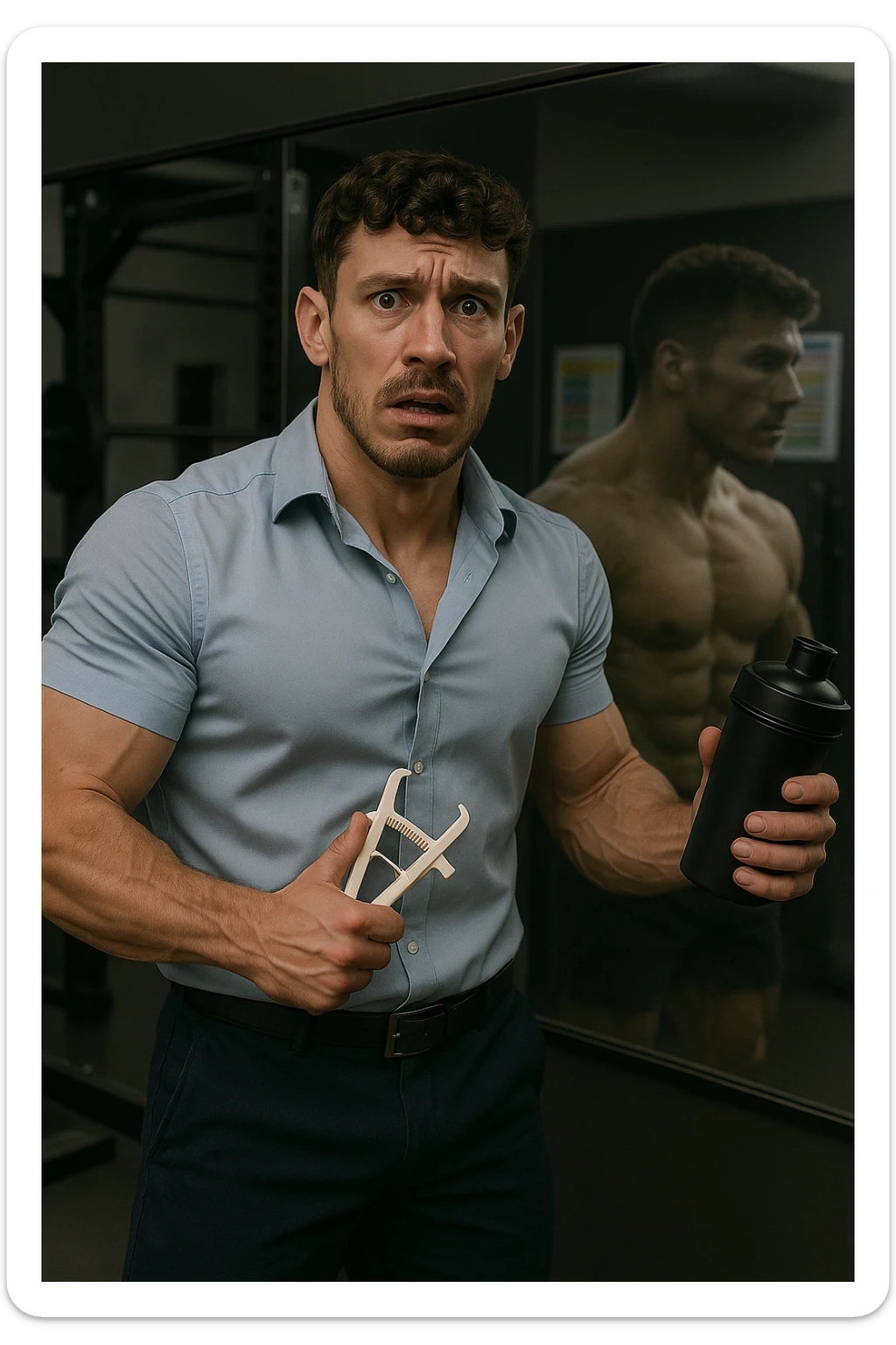 a fit man in his 30s stands in front of a gym mirror, flexing his muscles with a concerned expression. In one hand, he holds a caliper measuring his body fat, while in the other, a protein shaker. Reflected in the mirror, his muscular physique appears slightly faded around the edges, symbolizing his fear of losing muscle. The background shows gym equipment and nutrition charts, emphasizing his focus on definition. sticker