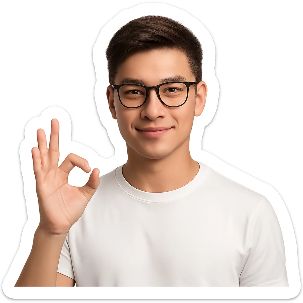 a young Asian man with cool brown short hair, wearing black framed glasses, a white top, making an OK gesture with his right hand, and smiling confidently sticker