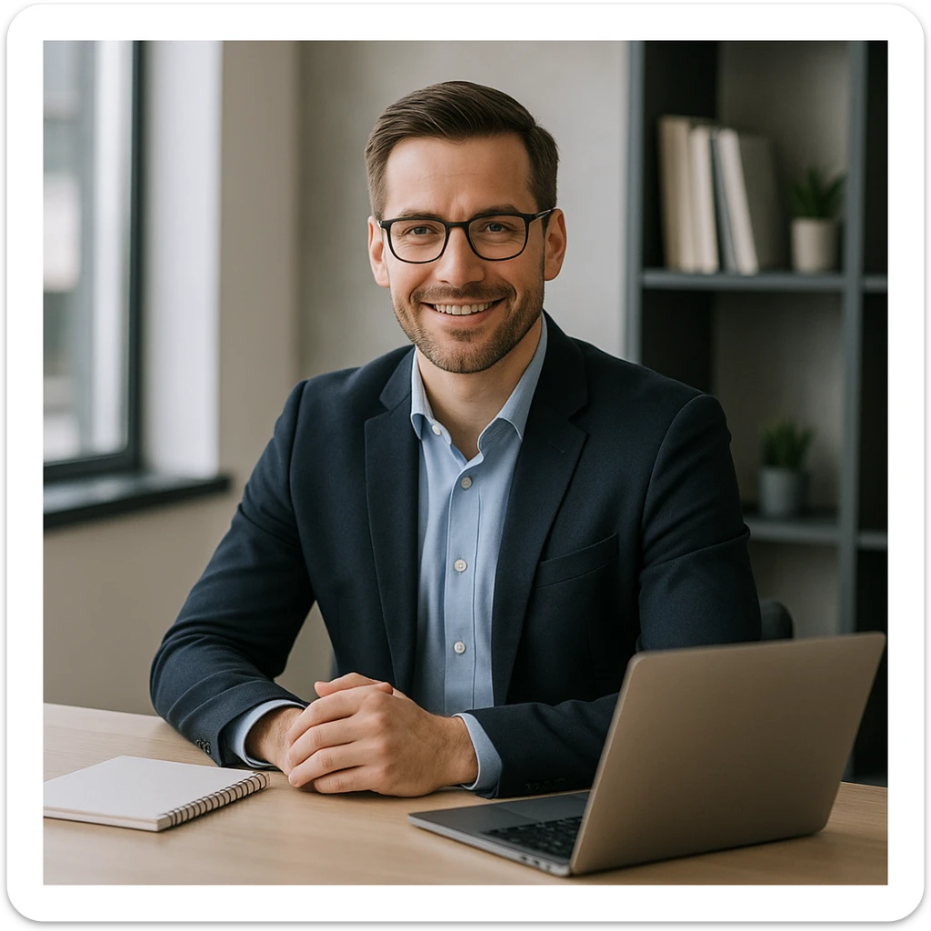 A 35-year-old male business coach sitting at a desk with a laptop, professional and modern style sticker