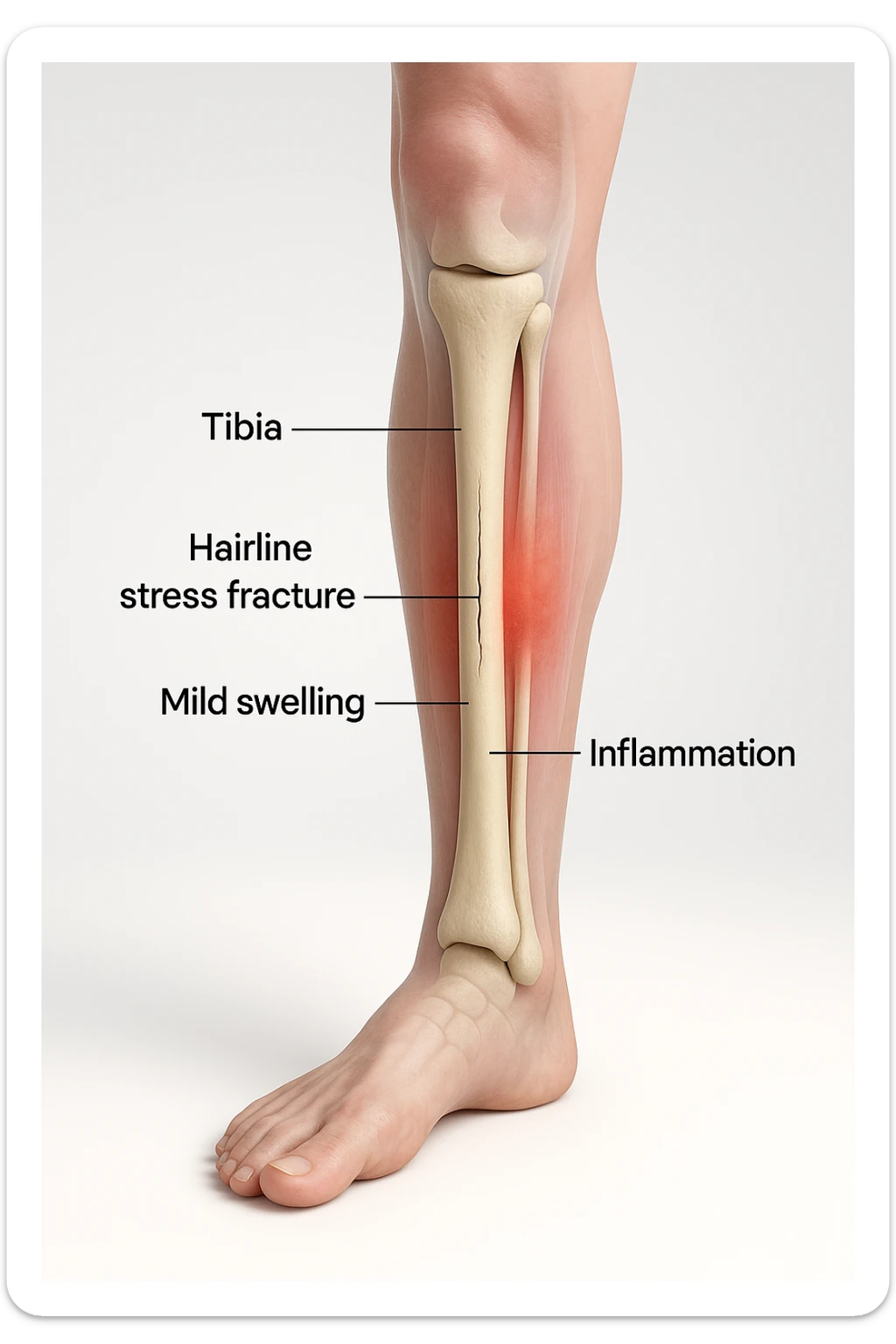 3D realistic medical illustration: a close-up of a human lower leg (tibia), showing the bone with a visible hairline stress fracture. The surrounding soft tissue is semi-transparent, highlighting mild swelling and inflammation. Educational labels point to the fracture site. The background is clean and clinical, with a subtle gradient. sticker
