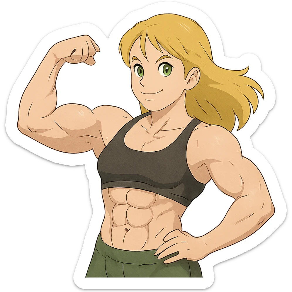 muscular white girl with blonde hair and green eyes, flexing 6 pack abs and one arm bicep sticker