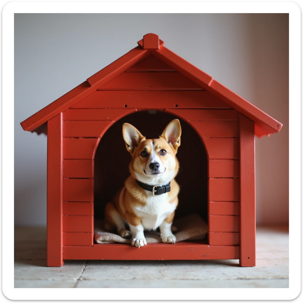realistic red dog house with a Corgi dog inside, Corgi with a collar, photorealistic style sticker