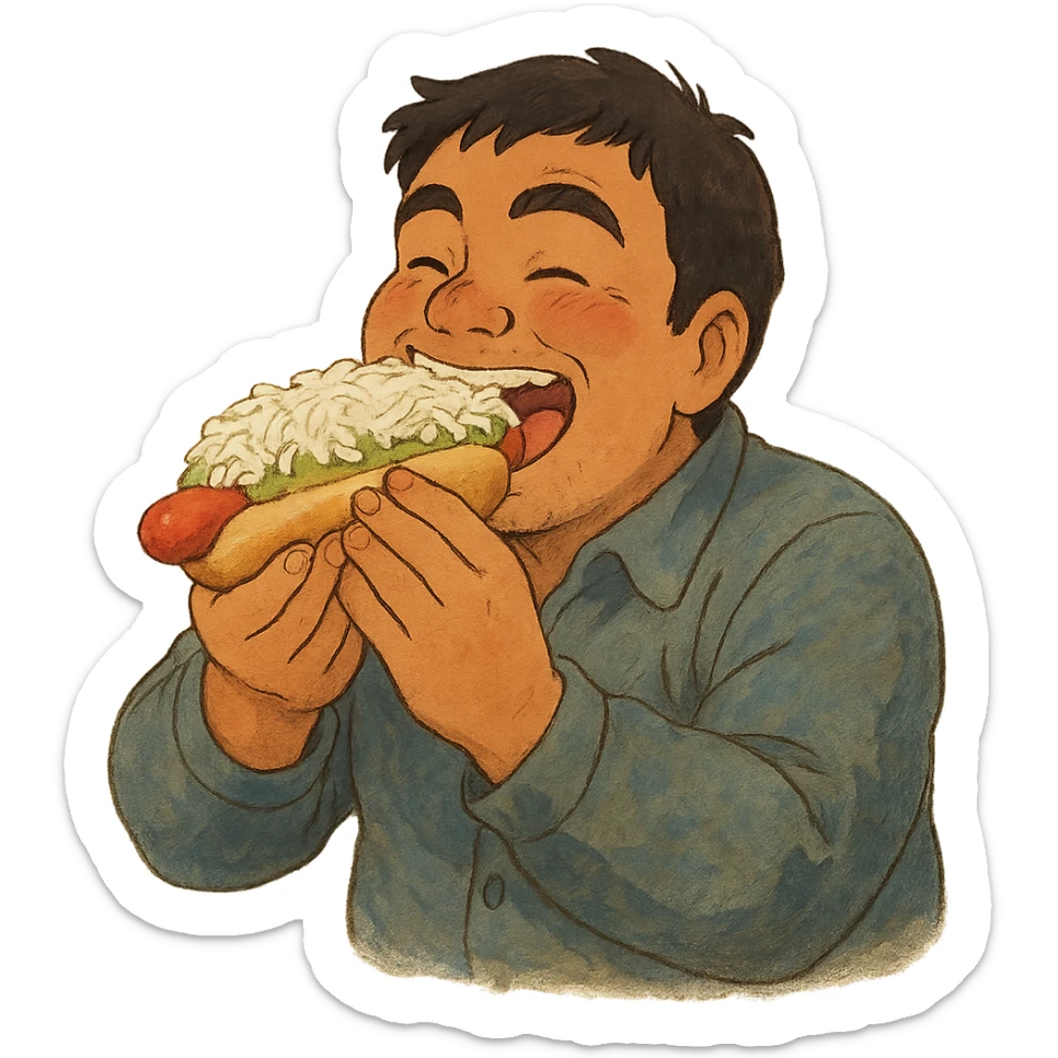 ghibli style of a Chilean person happily eating a completo hot dog sticker