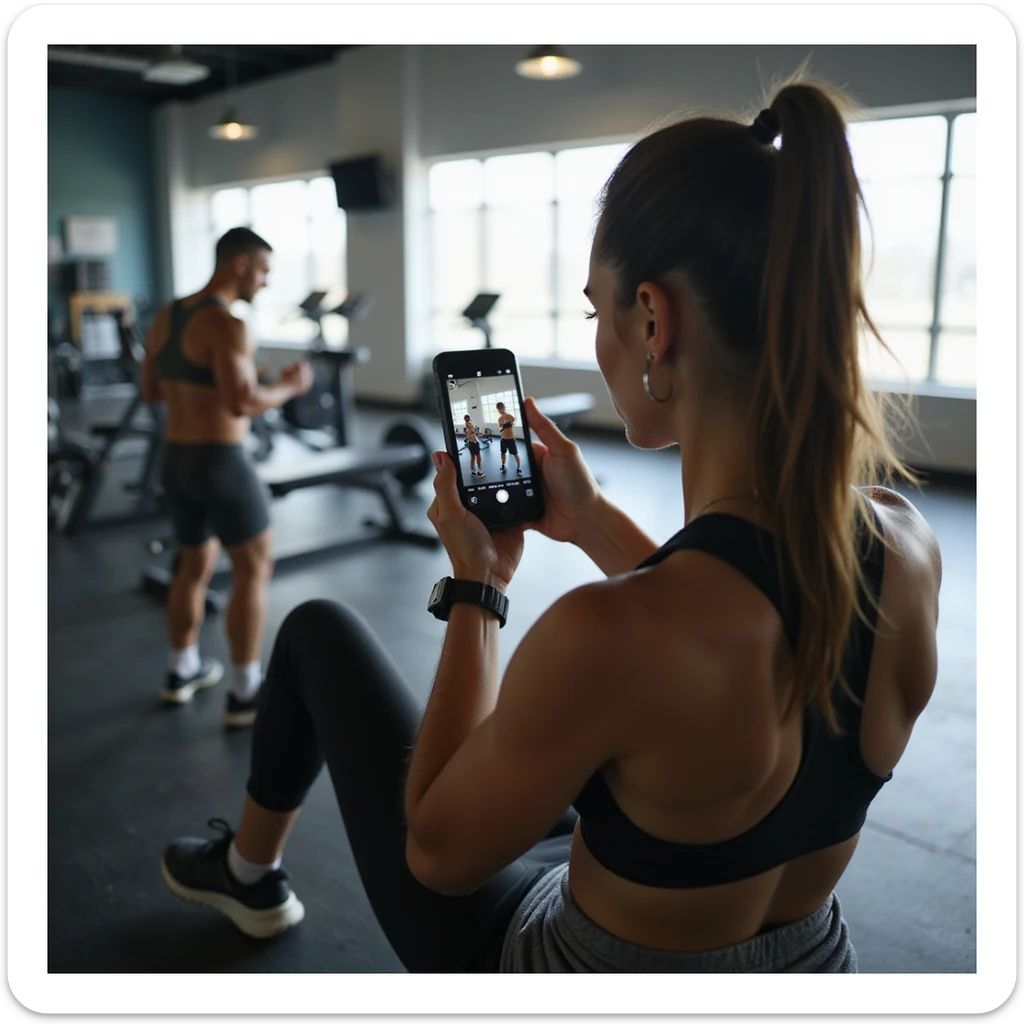 young woman in fitness clothing in gym, recording video check for coach with smartphone while doing bench press, tidy and bright environment, hyperrealistic details, 4K, 5/8 sticker