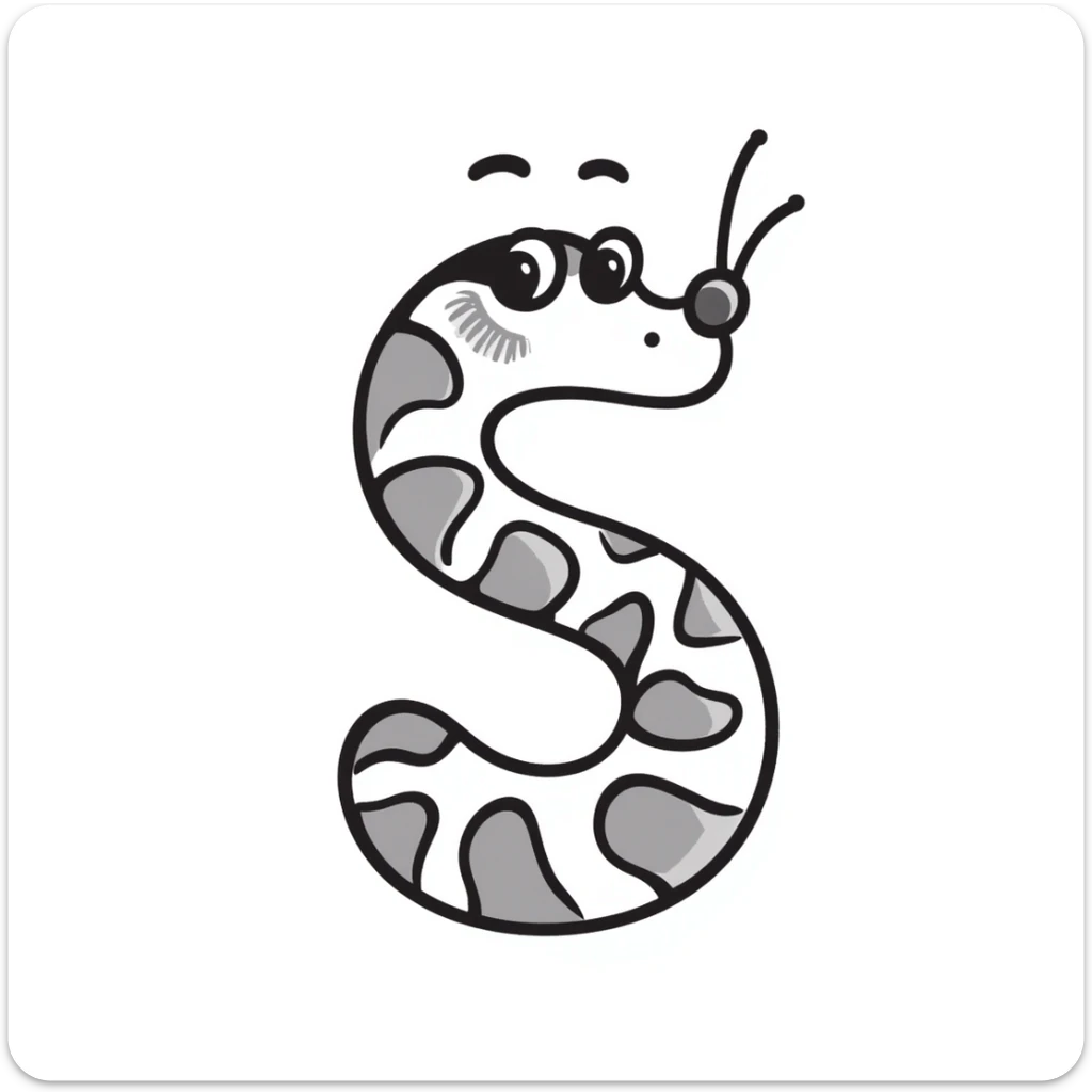 the letter S shaped like a snake with snake features such as scales, eyes, and a tongue sticker