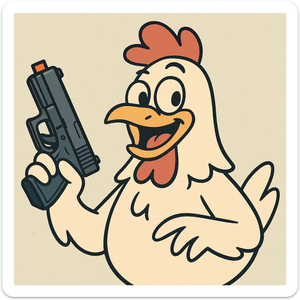 cartoon chicken holding a Glock-style toy gun with an orange safety tip, playful and non-violent, bright colors, fun expression sticker
