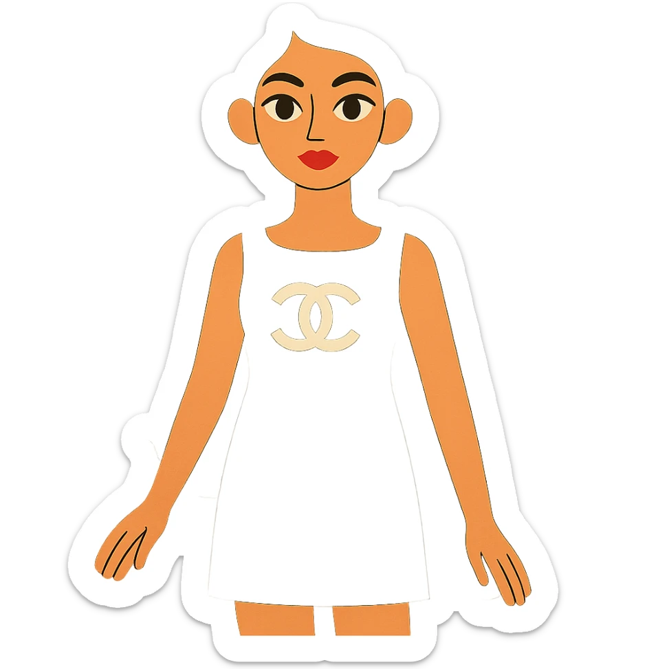 light skin girl with very long black curly hair, brown eyes, black Chanel dress sticker