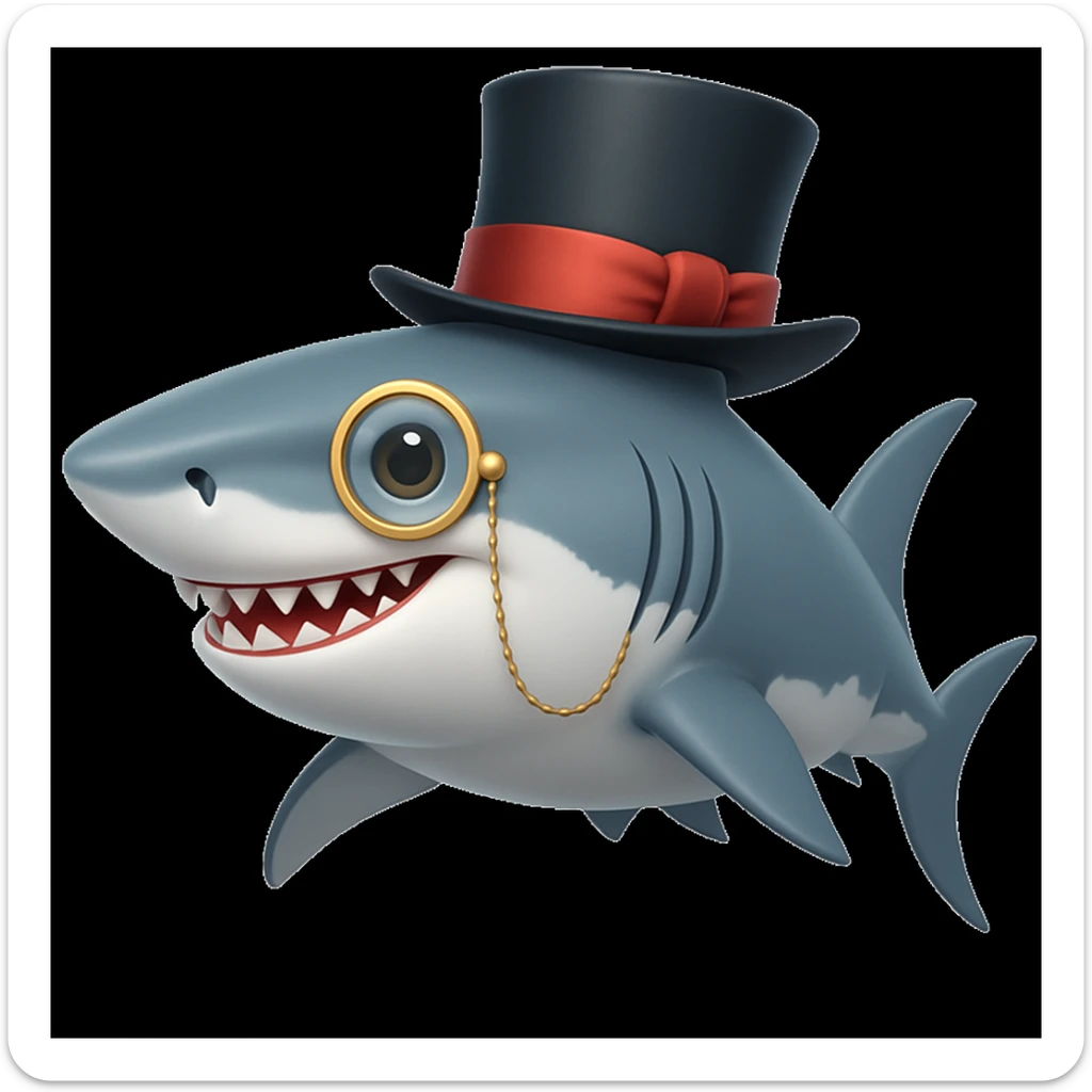 Add a monocle to the shark with a top hat, keeping the emoji style look. sticker