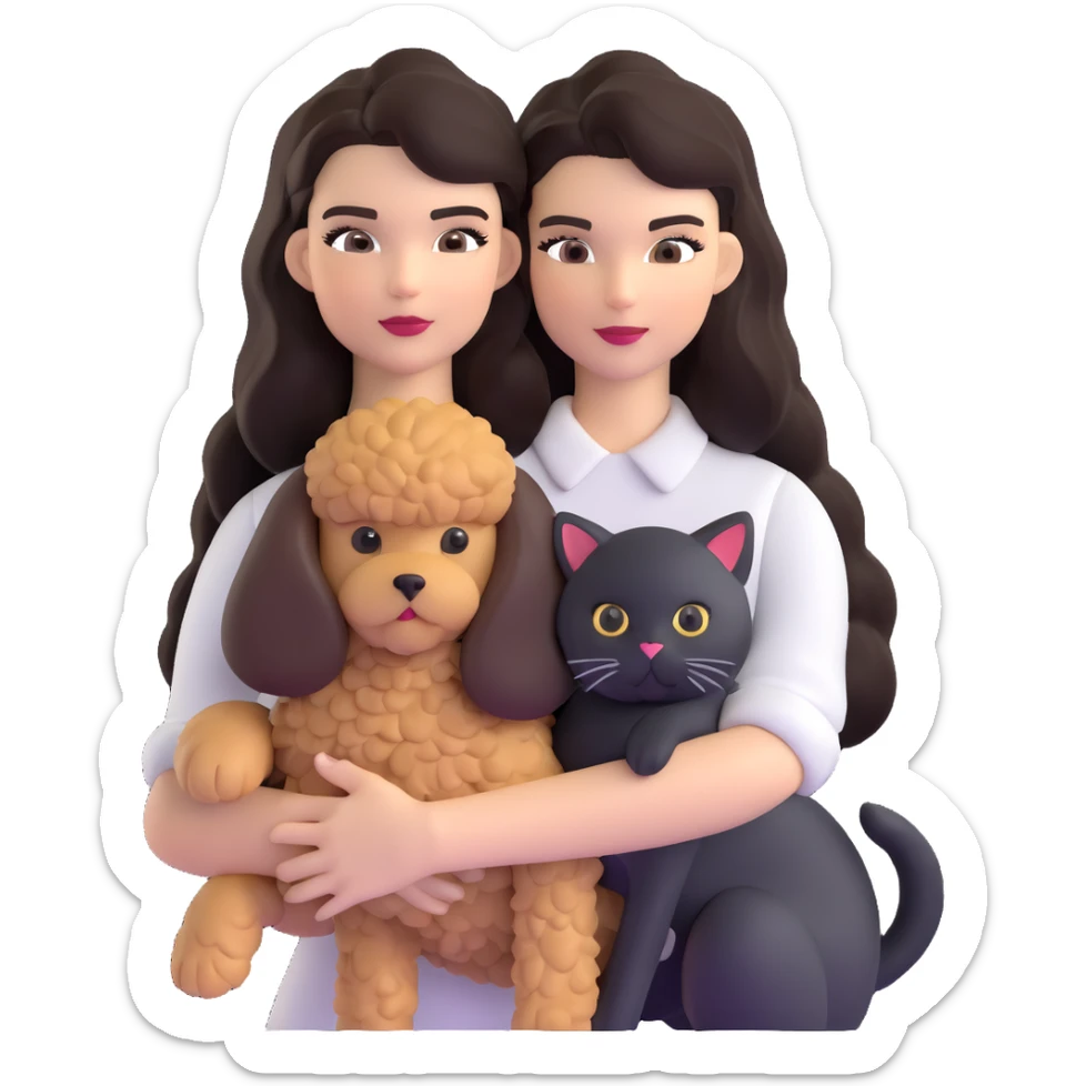 Kendall Jenner with long dark hair, holding a brown poodle and a black and white cat sticker