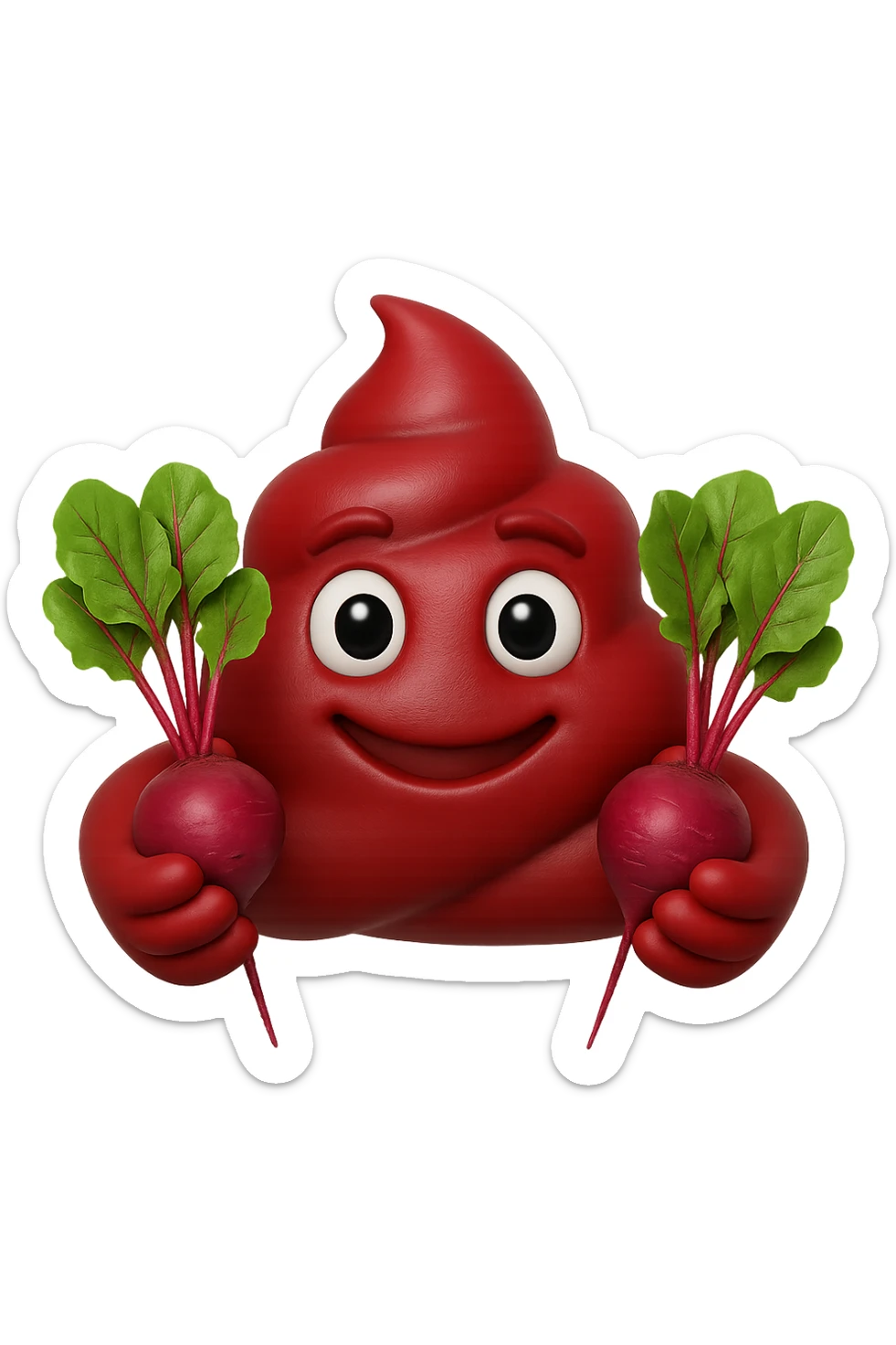 emoji stile iphone 3d di una cacca rossa con barbabietole in mano, iperrealistiche 4k sticker