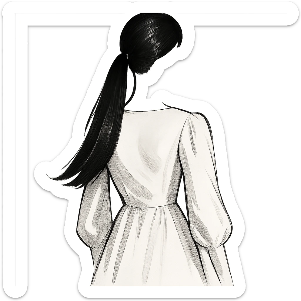 black sleek ponytail, no head, white dress with sleeves, fashion illustration style sticker