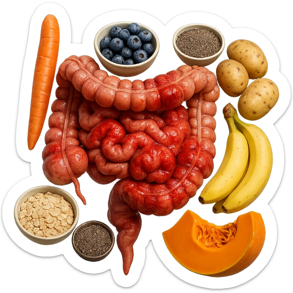intestino umano anatomico infiammato con carota, bowl di avena, mirtilli, bowl di semi di chia, patate, banane, zucca, bowl di riso che gli fluttuano dietro, iperrealistico 4k sticker