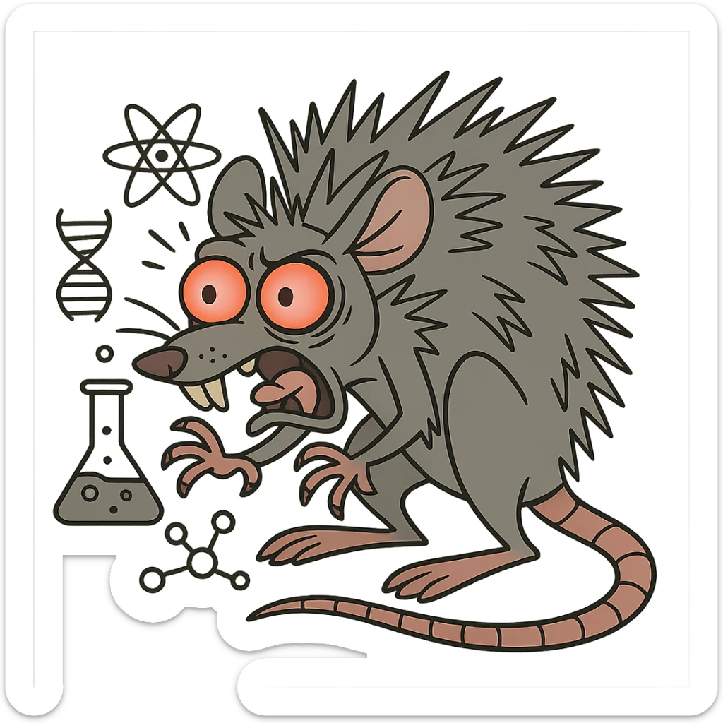 A scared lab rat with fur on end, wide eyes, red glowing eyes, gray fur, cartoon style with frightened pose and scientific elements, not in kawaii style. sticker