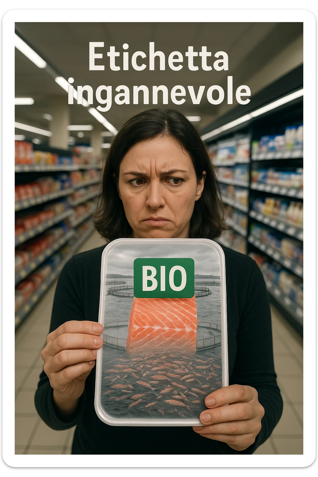 Scena in un supermercato moderno: uomo o donna tiene in mano una confezione di salmone etichettata 'BIO', con un grande bollino verde. Ma in trasparenza, dietro l’etichetta, si intravede un allevamento intensivo di salmoni in gabbie marine, acqua torbida e pesci ammassati. Espressione del cliente confusa e sospettosa. Sopra la testa, testo simbolico fluttuante: 'Etichetta ingannevole'. Colori contrastanti: confezione brillante ma realtà di fondo grigia e artificiale. Stile realistico con elementi simbolici forti realistico sticker