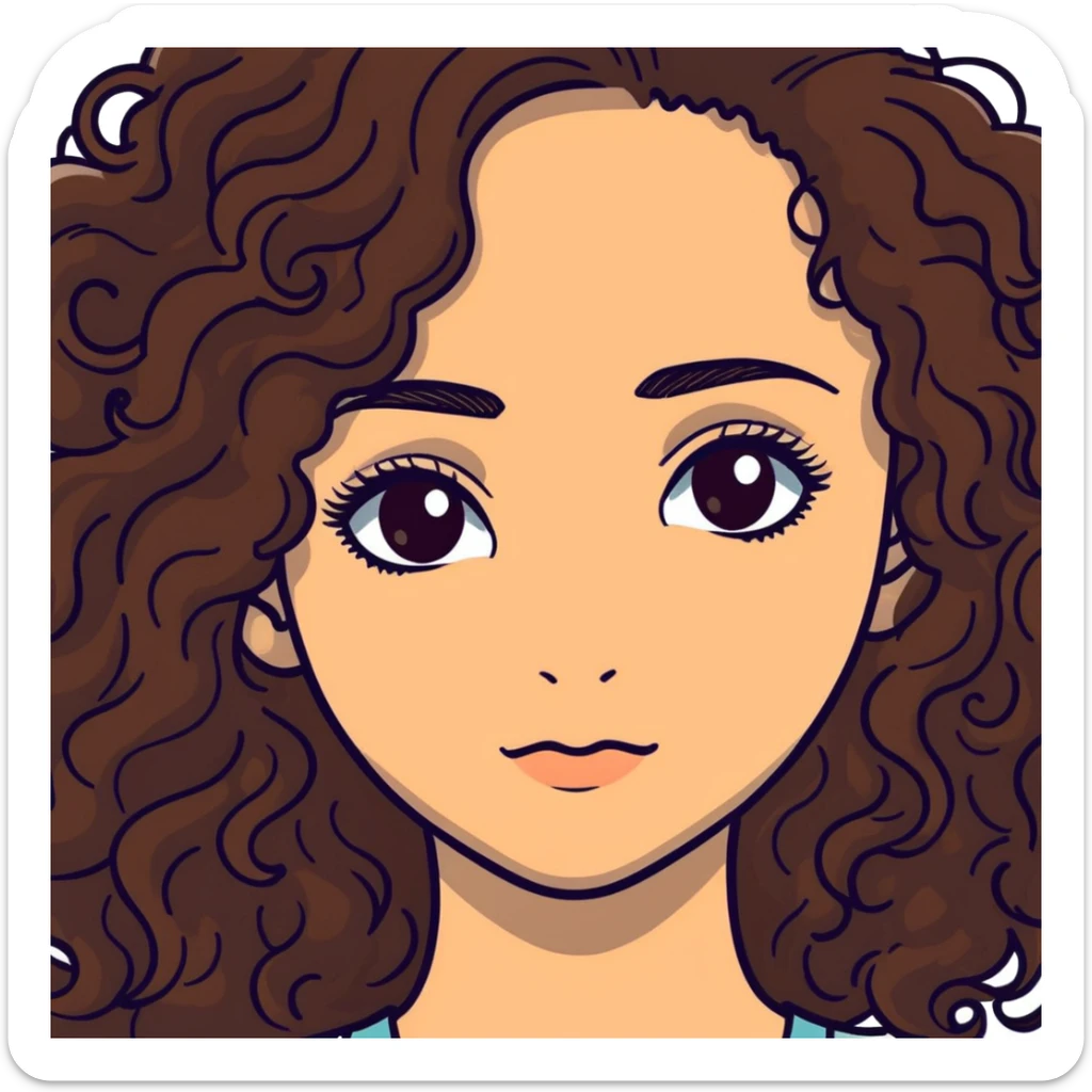 20-year-old woman with long curly brown hair, small hazel eyes, long eyelashes sticker