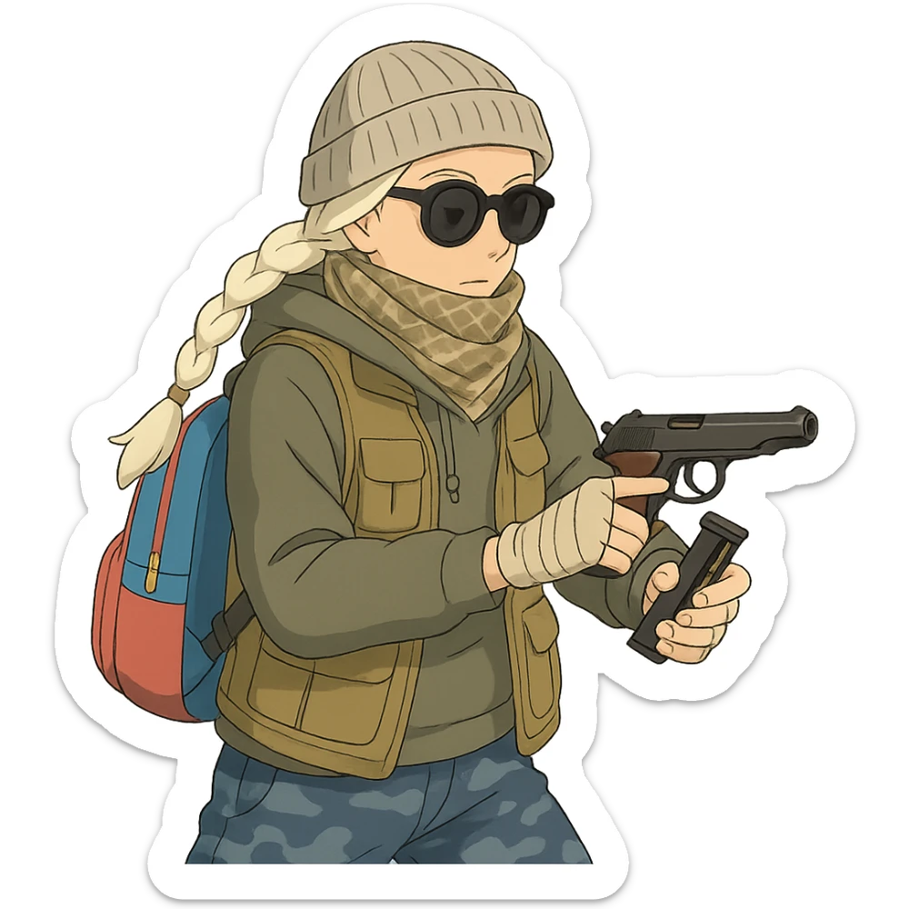 1 female, long white braid, knit cap, dark sunglasses, shemegh neckwrap, fishing vest, vibrant shool backpack, drab hoodie, handwraps, blue camo pants, executing a tactical reload of a makarov pistola sticker