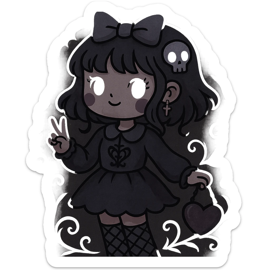 Edit the image of a gothic K-pop girl in a dreamy pastel goth style with a darker color palette and gothic details. The girl should have a whimsical pose and cute accessories. Remove the background. The style should reflect dreamy pastel goth with gothic elements and a darker color scheme. sticker