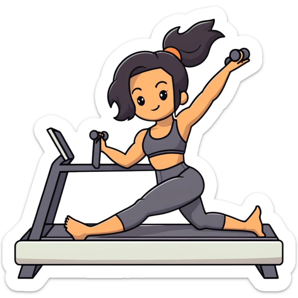 woman with tanned skin, long black hair, wearing a sports bra, doing Pilates on a reformer machine sticker