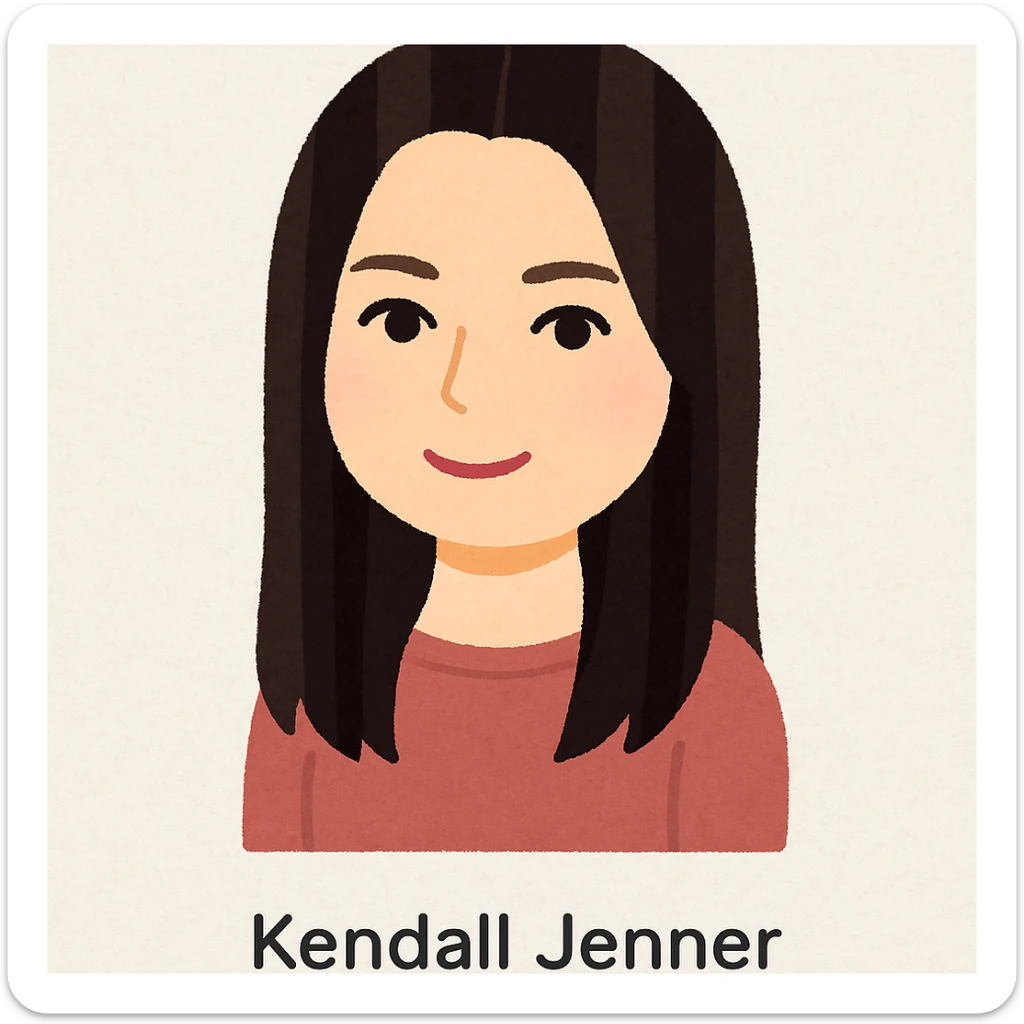Kendall Jenner's head in Irasutoya style, gentle eyes, long straight hair, cute and approachable sticker